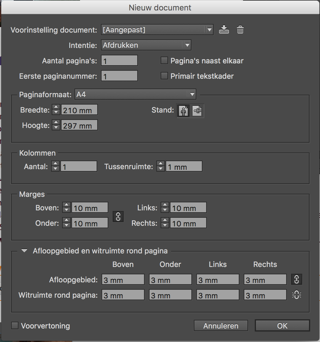 instellingen voor adobe indesign bij het starten van een nieuw ontwerp met afsnee